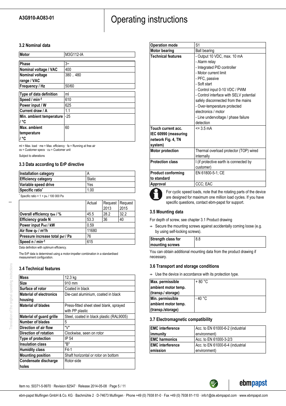 Operating instructions | ebm-papst A3G910-AO83-01 User Manual | Page 5 / 11