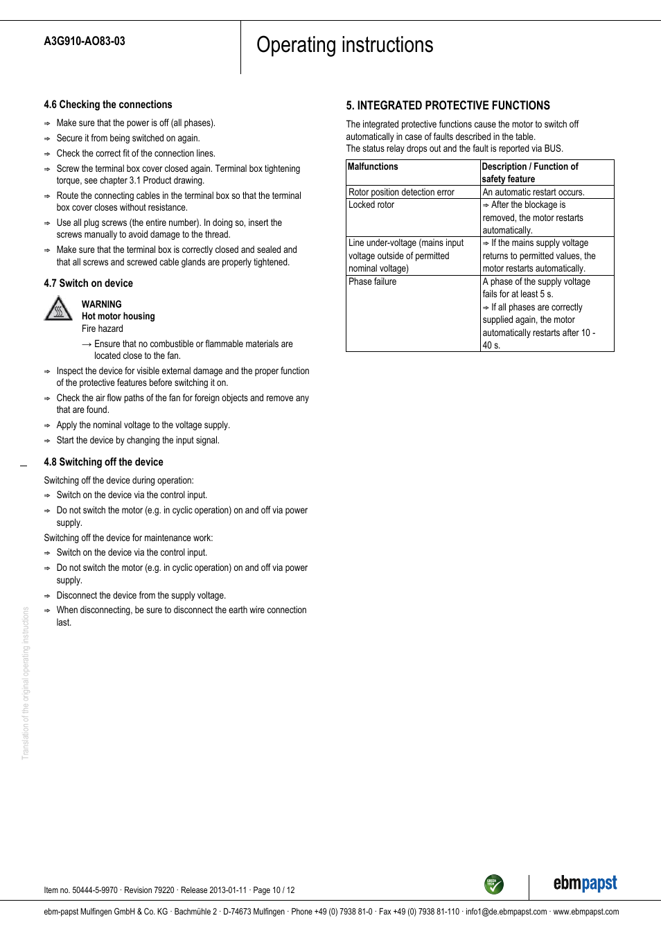 Operating instructions | ebm-papst A3G910-AO83-03 User Manual | Page 10 / 12