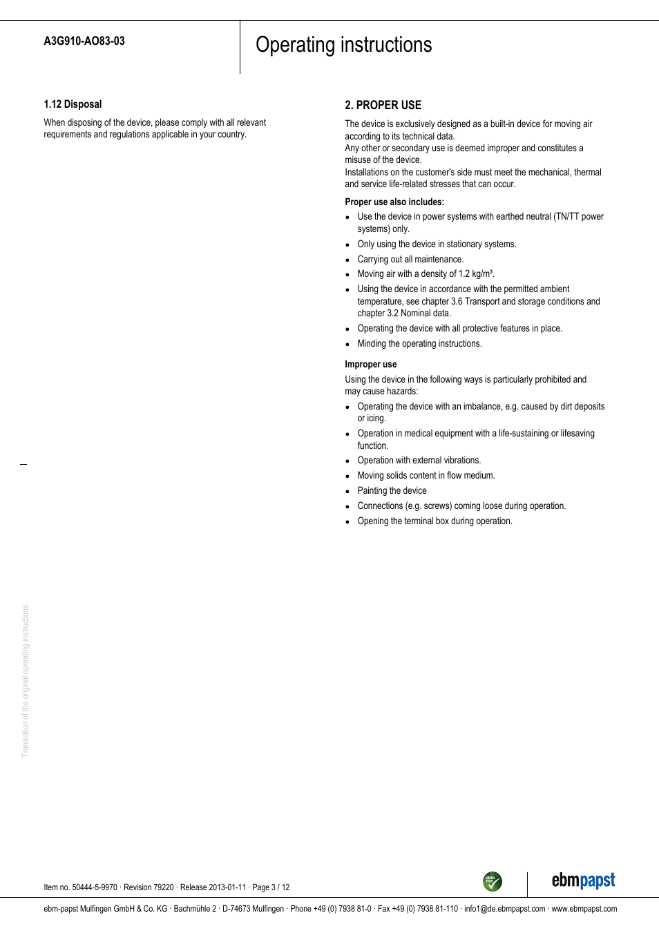 Operating instructions, Proper use | ebm-papst A3G910-AO83-03 User Manual | Page 3 / 12