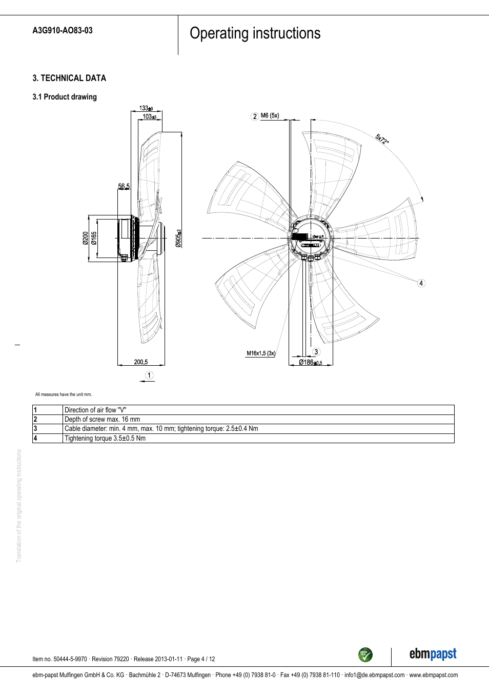 Operating instructions | ebm-papst A3G910-AO83-03 User Manual | Page 4 / 12