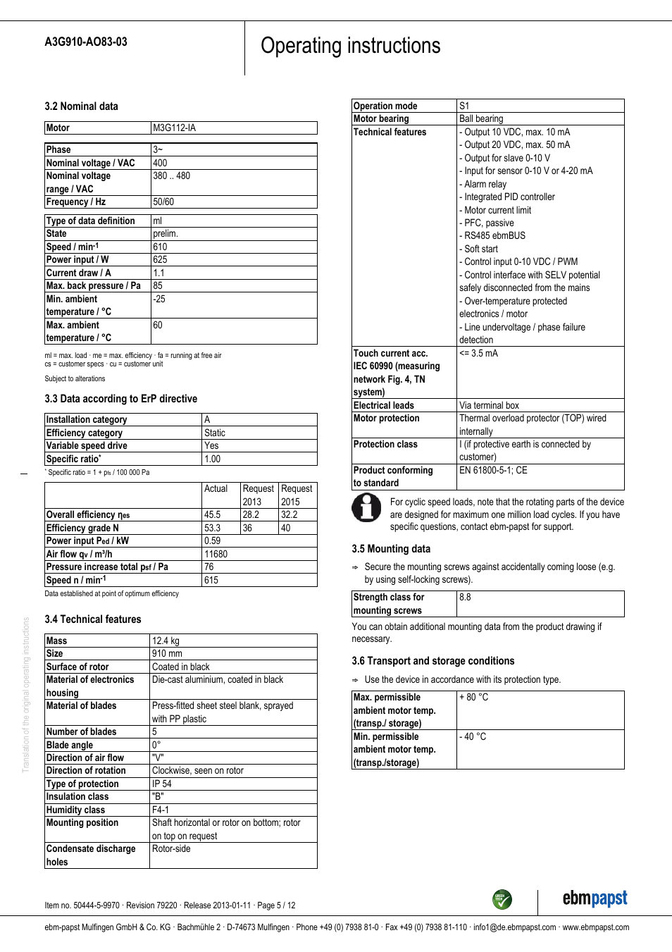 Operating instructions | ebm-papst A3G910-AO83-03 User Manual | Page 5 / 12