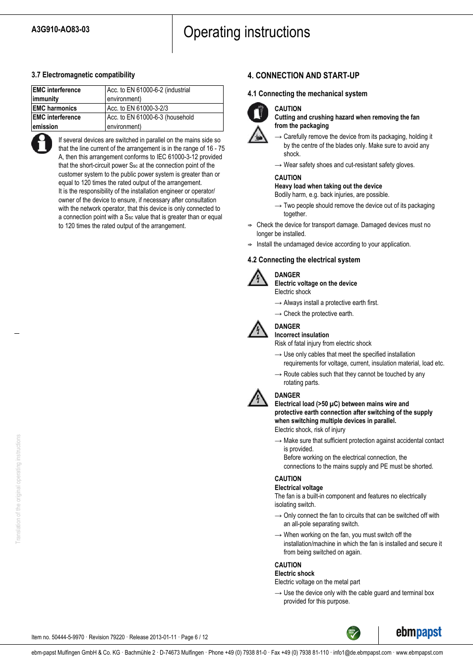 Operating instructions | ebm-papst A3G910-AO83-03 User Manual | Page 6 / 12