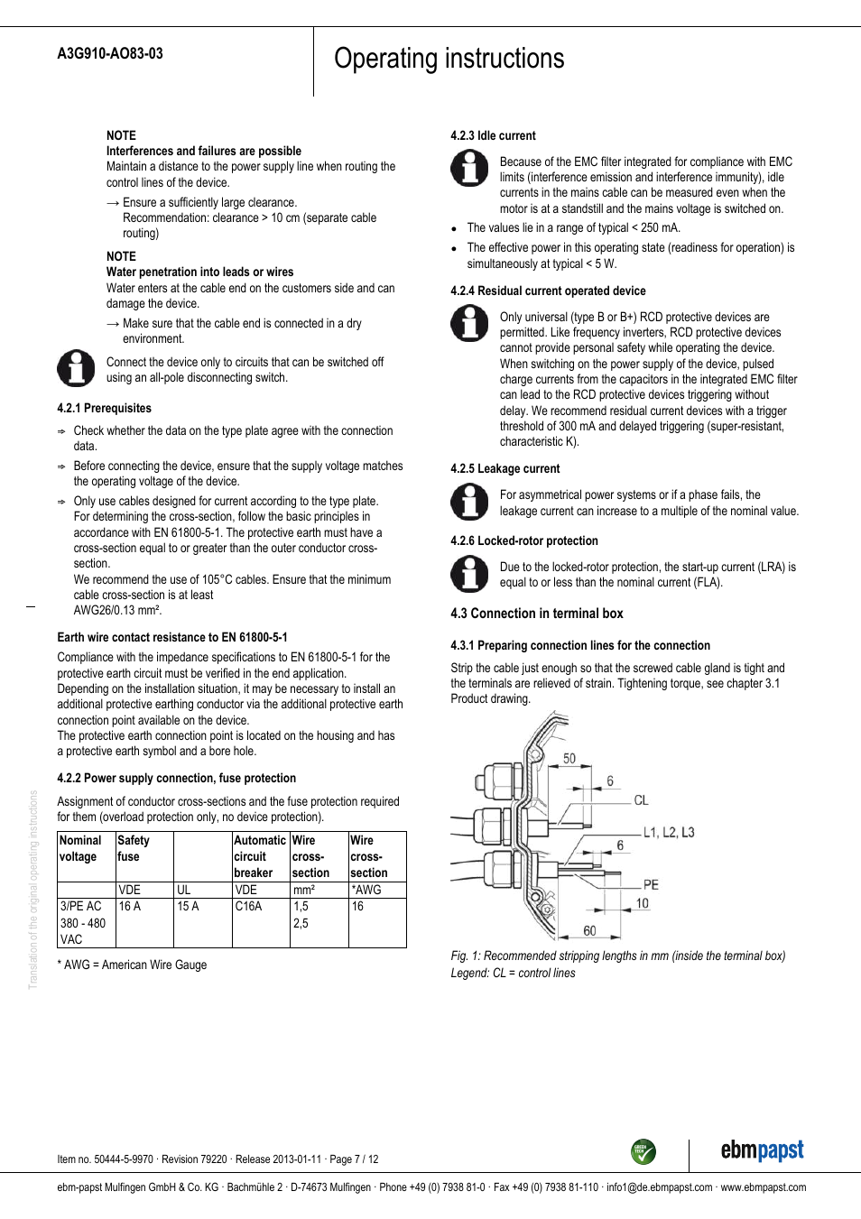 Operating instructions | ebm-papst A3G910-AO83-03 User Manual | Page 7 / 12