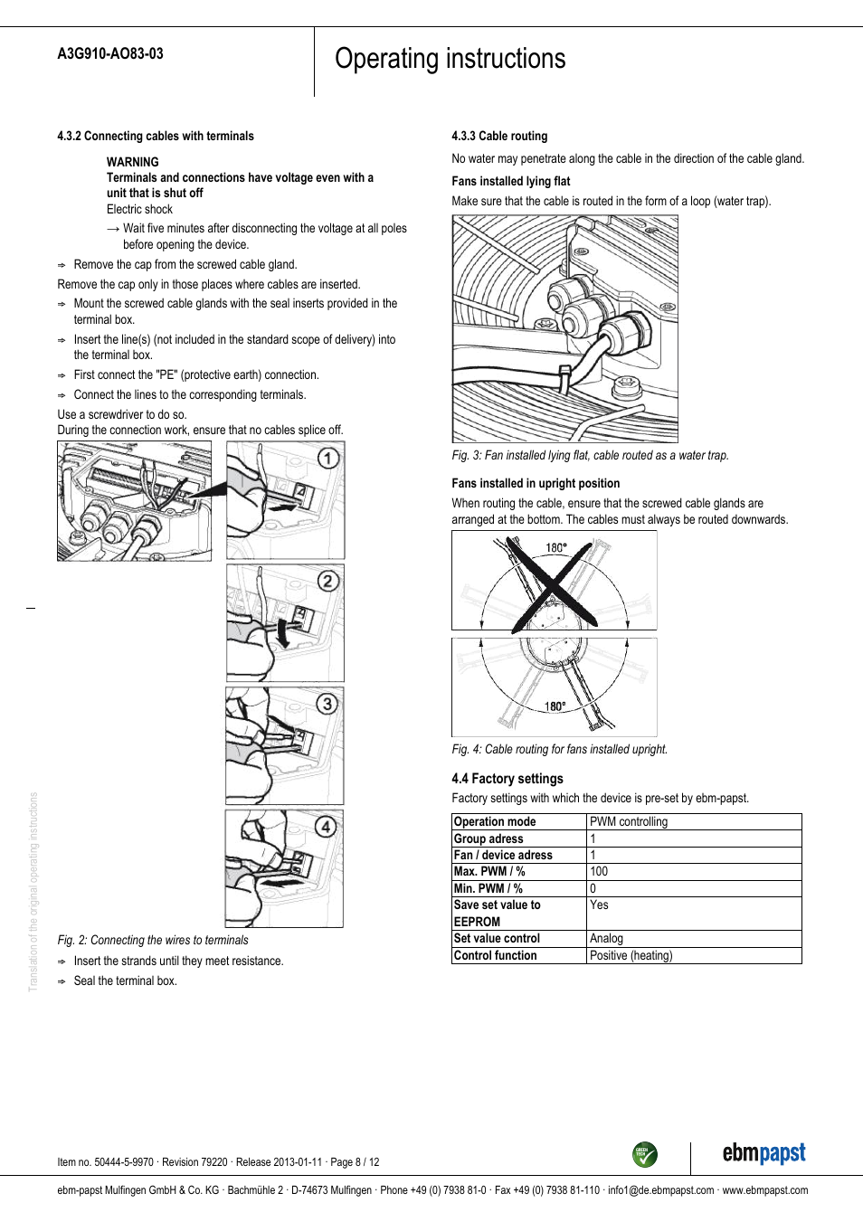 Operating instructions | ebm-papst A3G910-AO83-03 User Manual | Page 8 / 12