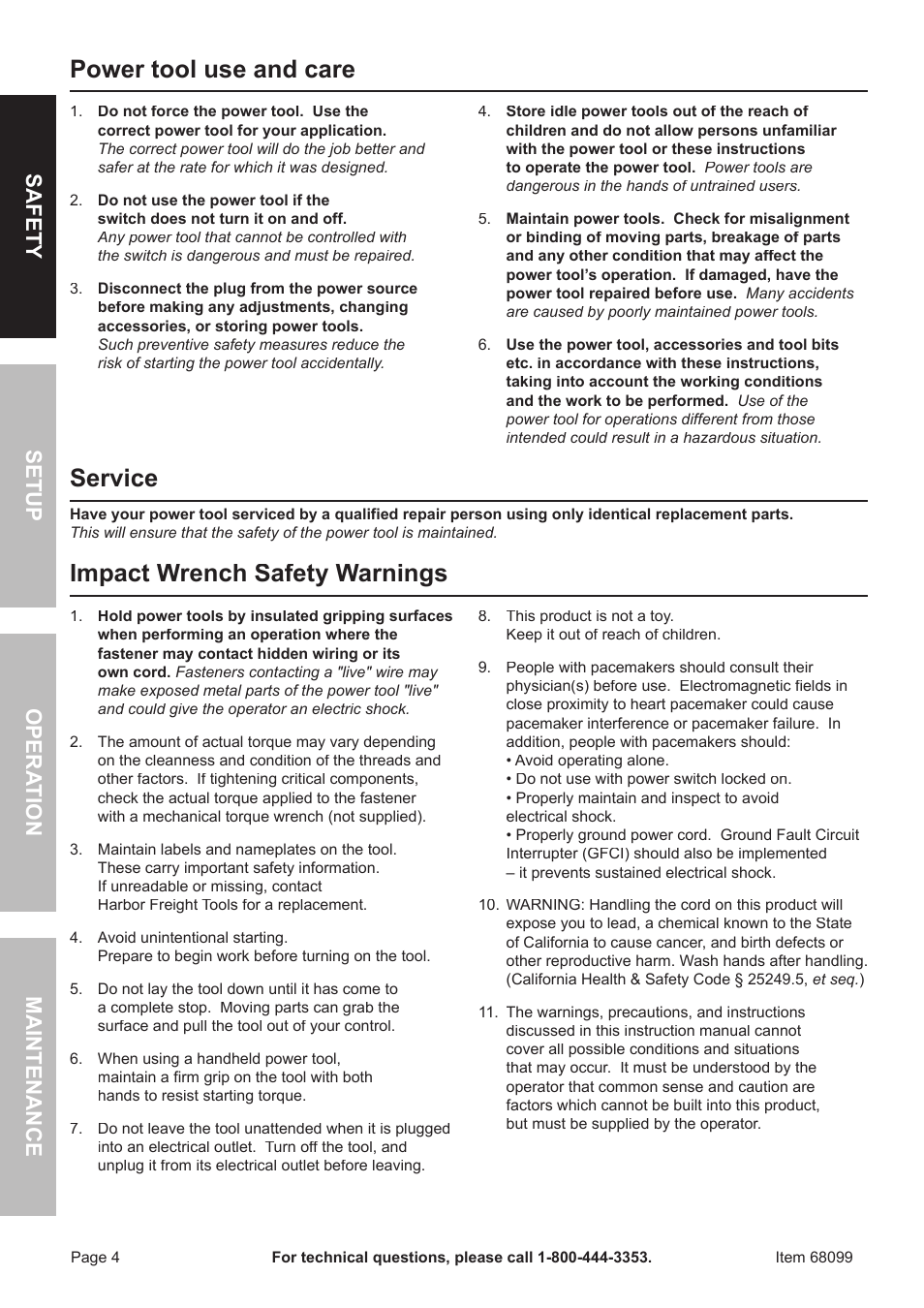 Power tool use and care, Service, Impact wrench safety warnings | Safet y op era tion m aintenance setu p | Chicago Electric Electric Impact Wrench 68099 User Manual | Page 4 / 16