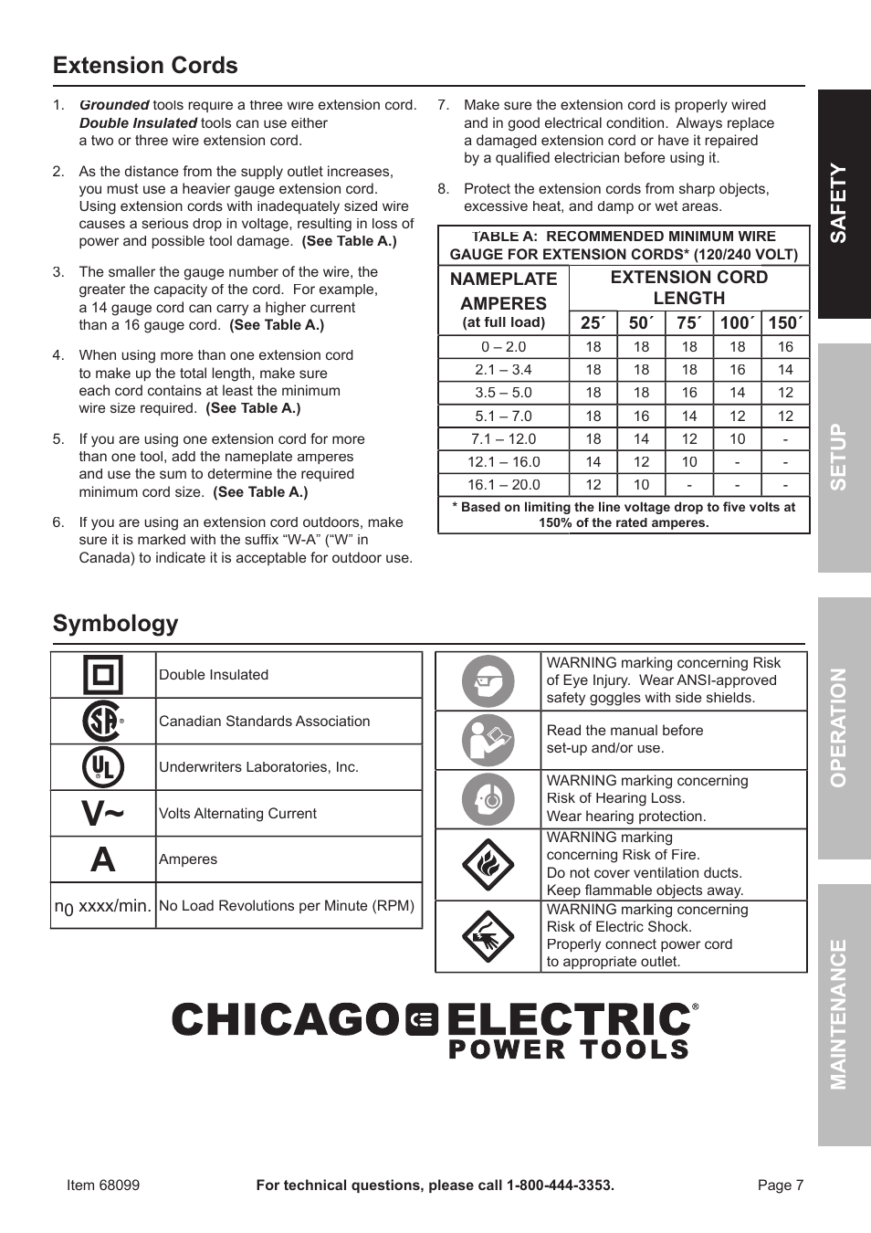 Extension cords, Symbology, Safet y op era tion m aintenance setu p | Chicago Electric Electric Impact Wrench 68099 User Manual | Page 7 / 16