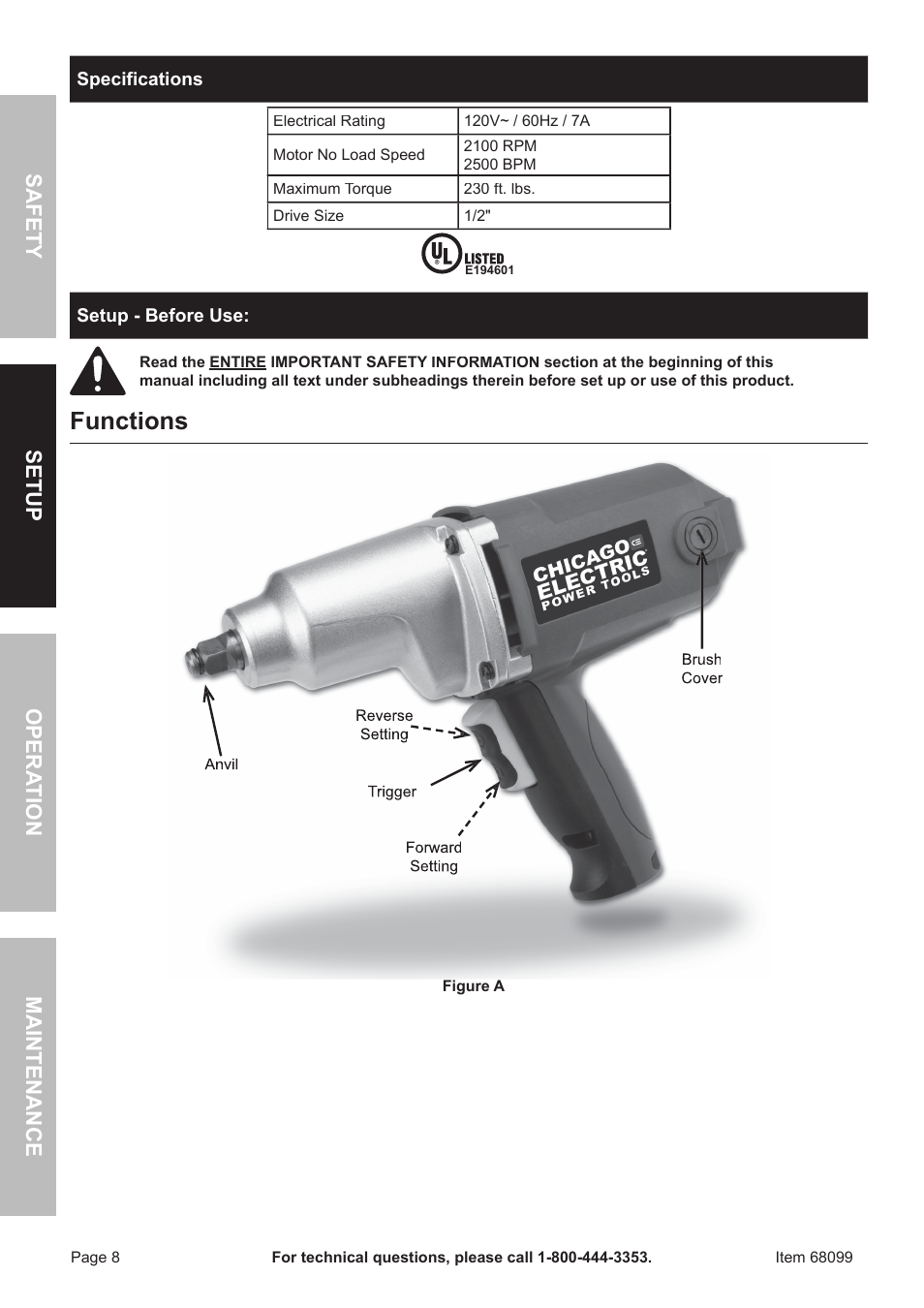 Functions, Safet y op era tion m aintenance setu p | Chicago Electric Electric Impact Wrench 68099 User Manual | Page 8 / 16