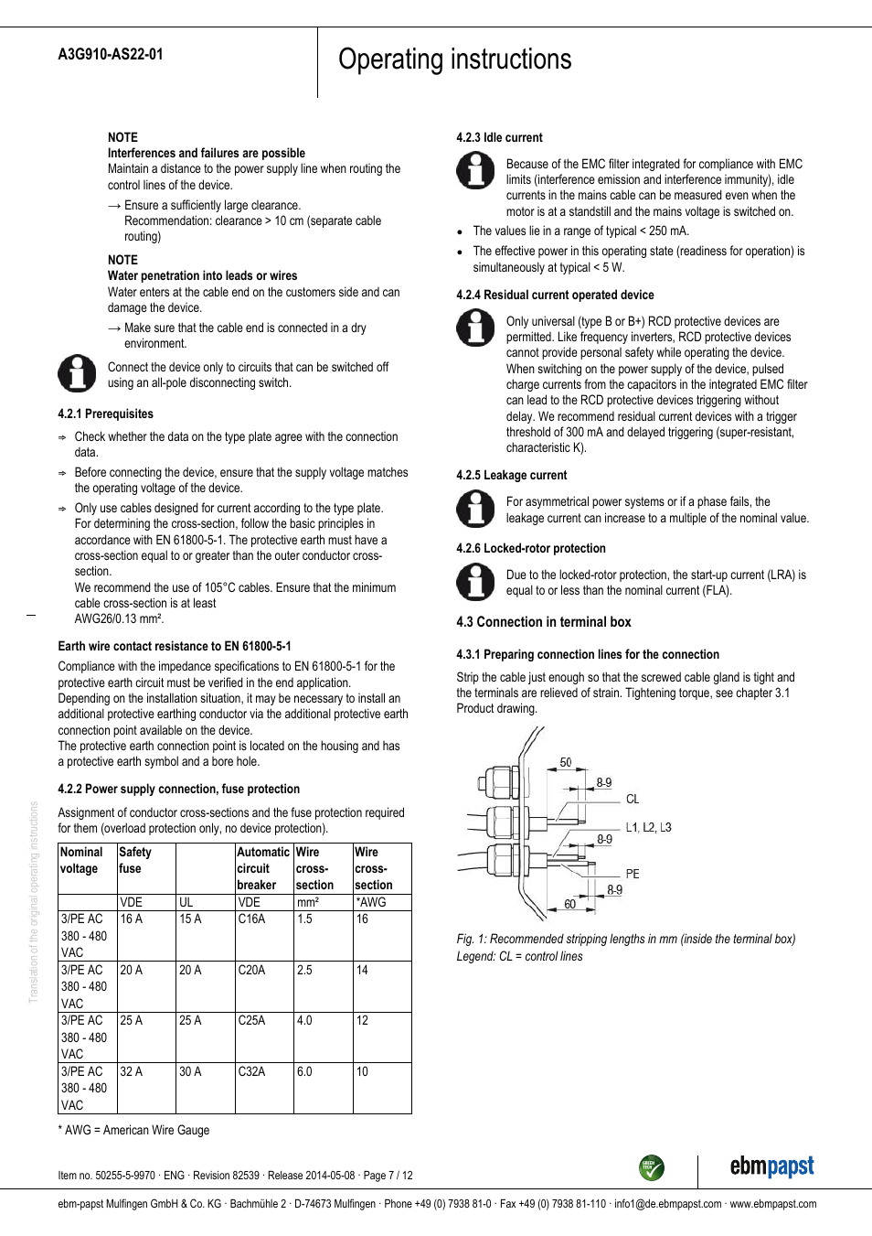 Operating instructions | ebm-papst A3G910-AS22-01 User Manual | Page 7 / 12