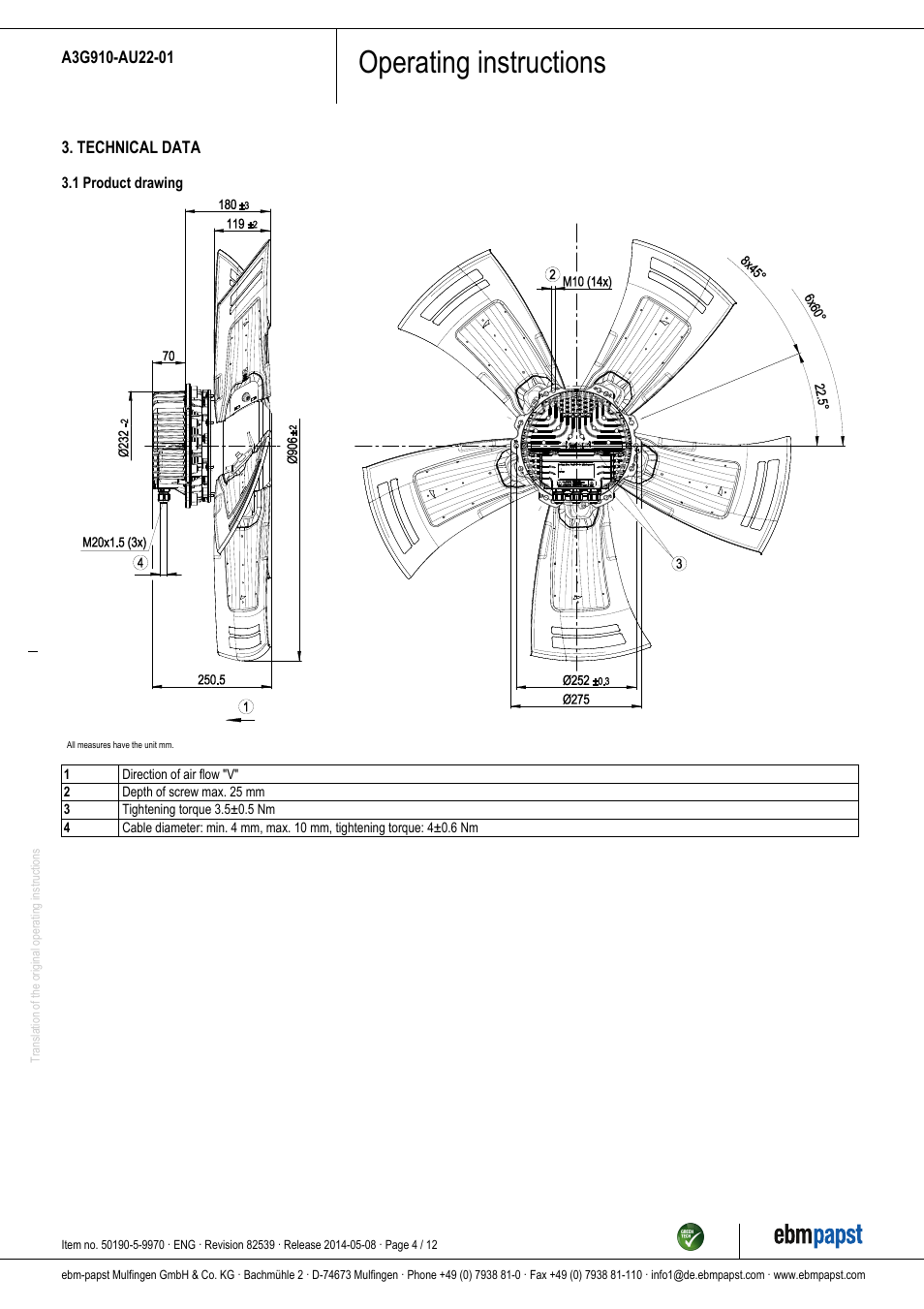 Operating instructions | ebm-papst A3G910-AU22-01 User Manual | Page 4 / 12