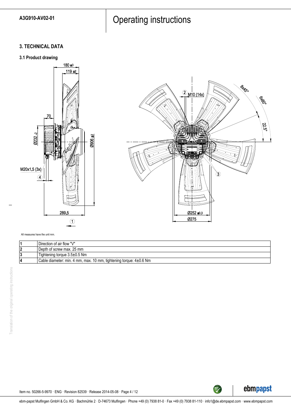 Operating instructions | ebm-papst A3G910-AV02-01 User Manual | Page 4 / 12
