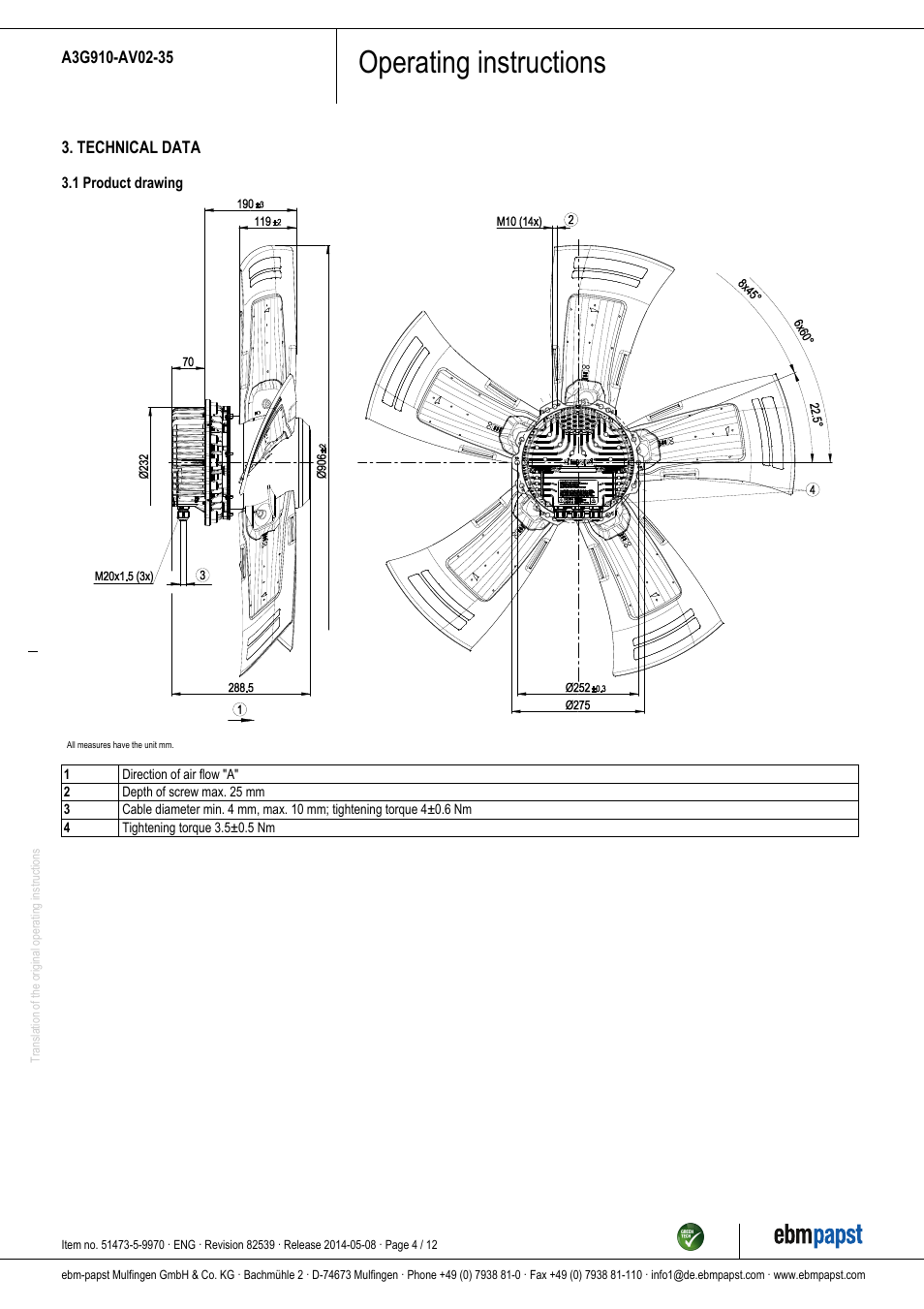 Operating instructions | ebm-papst A3G910-AV02-35 User Manual | Page 4 / 12