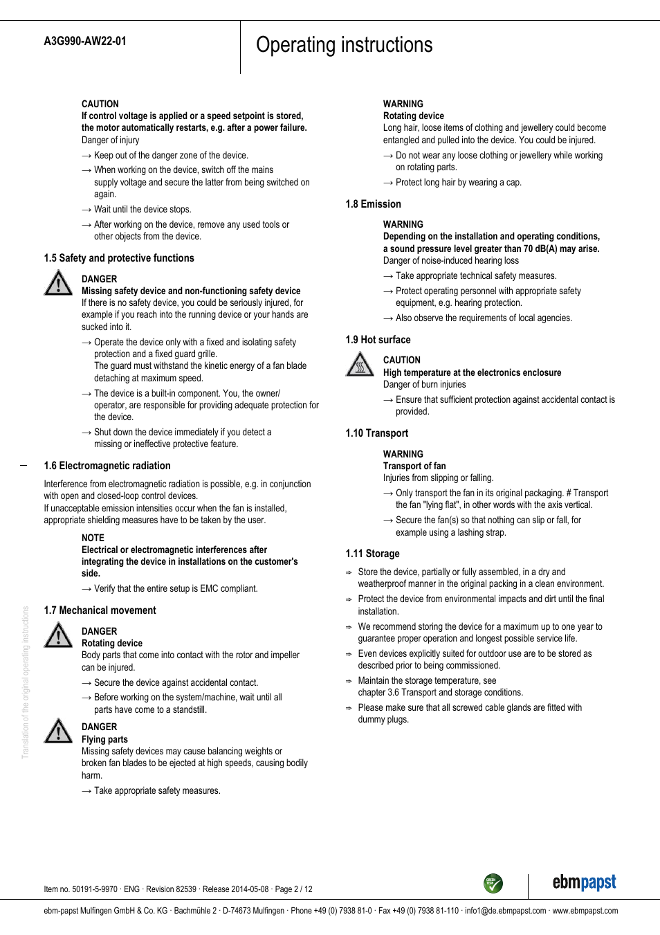 Operating instructions | ebm-papst A3G990-AW22-01 User Manual | Page 2 / 12