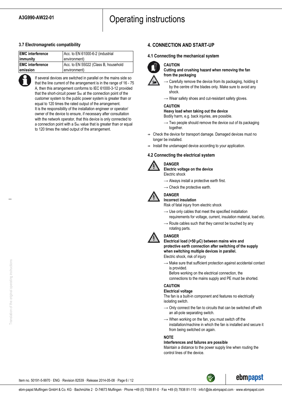 Operating instructions | ebm-papst A3G990-AW22-01 User Manual | Page 6 / 12