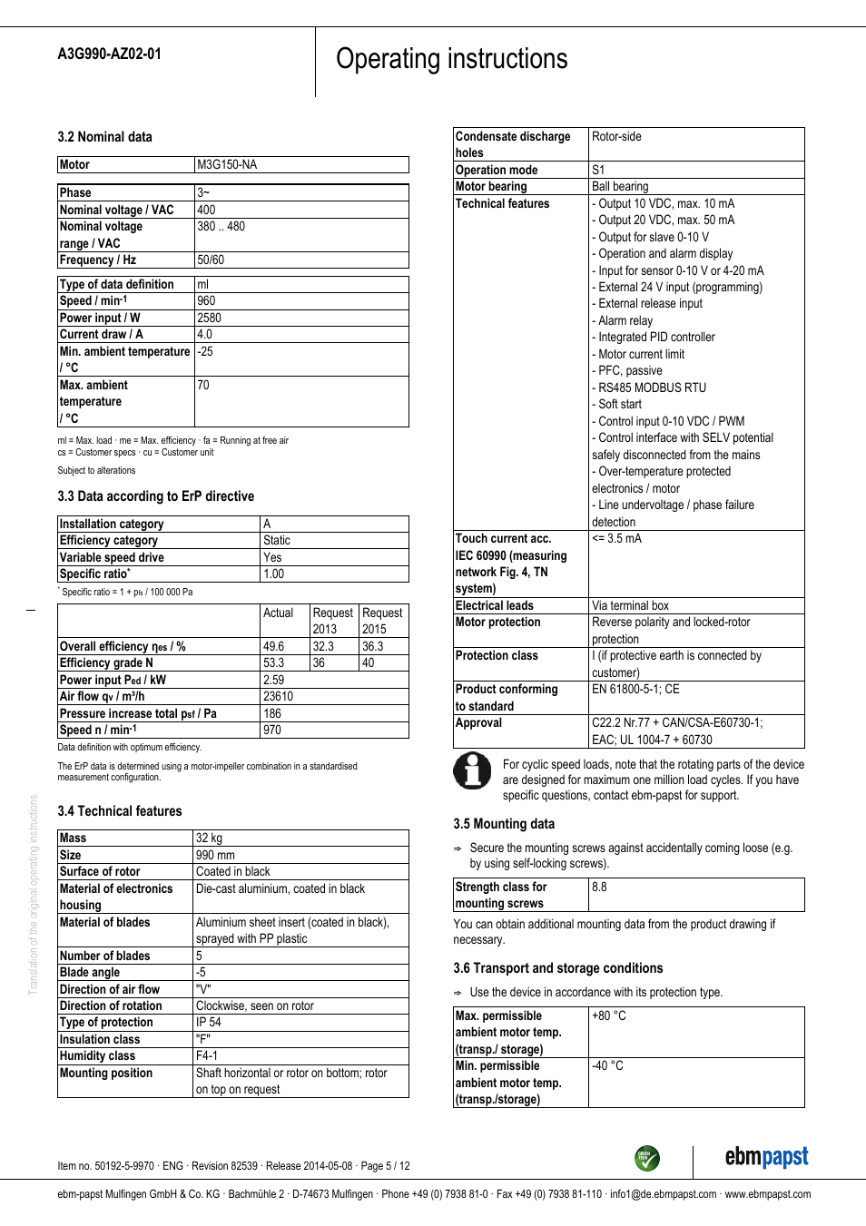 Operating instructions | ebm-papst A3G990-AZ02-01 User Manual | Page 5 / 12