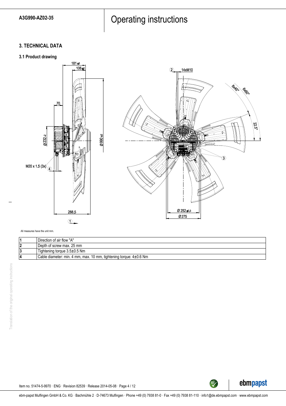 Operating instructions | ebm-papst A3G990-AZ02-35 User Manual | Page 4 / 12