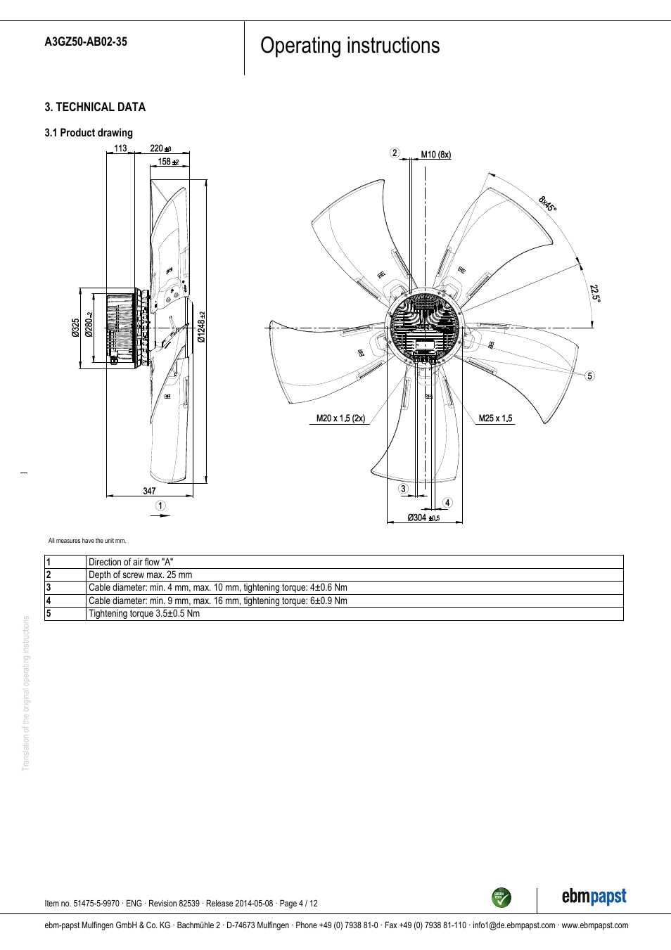 Operating instructions | ebm-papst A3GZ50-AB02-35 User Manual | Page 4 / 12