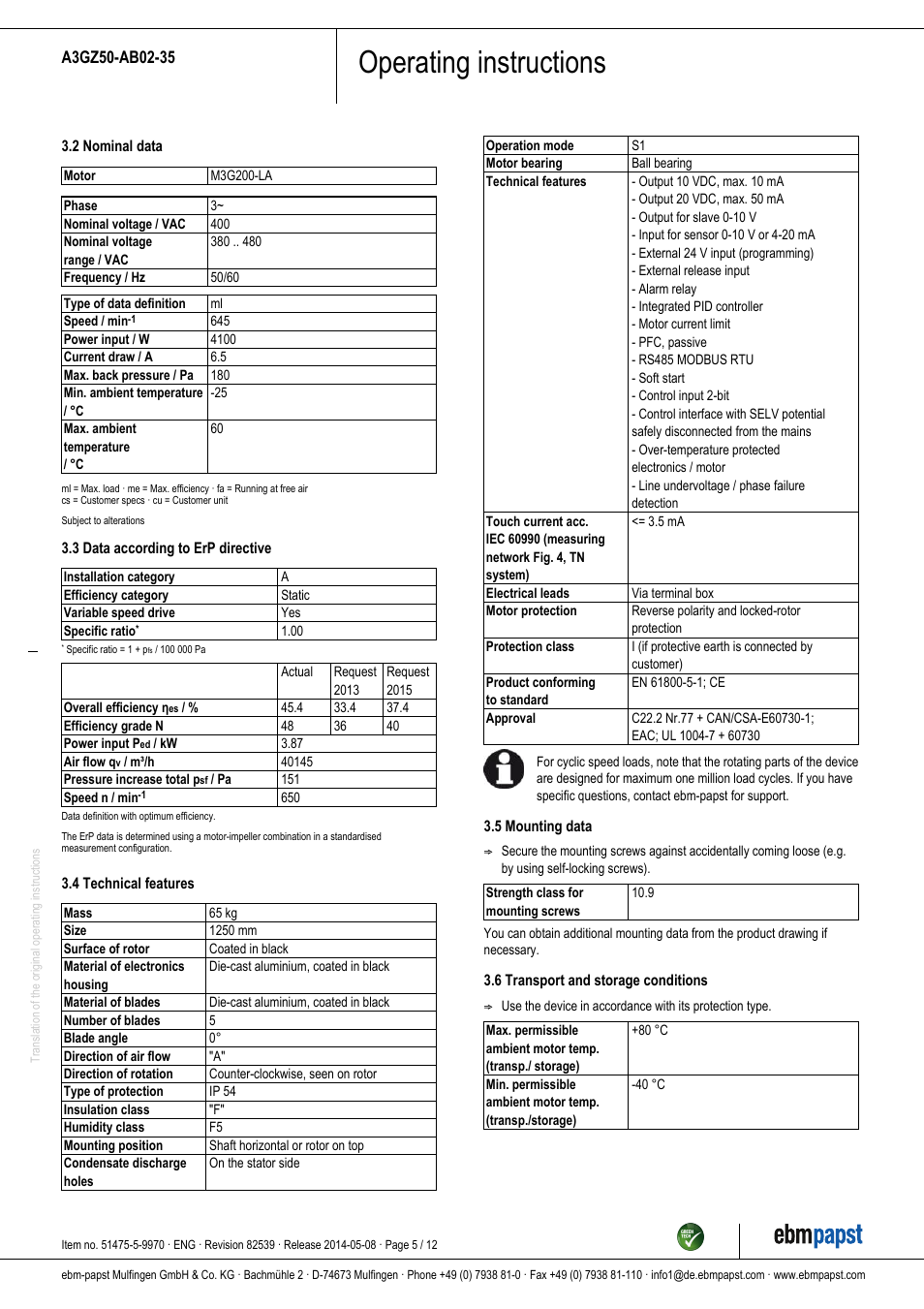 Operating instructions | ebm-papst A3GZ50-AB02-35 User Manual | Page 5 / 12