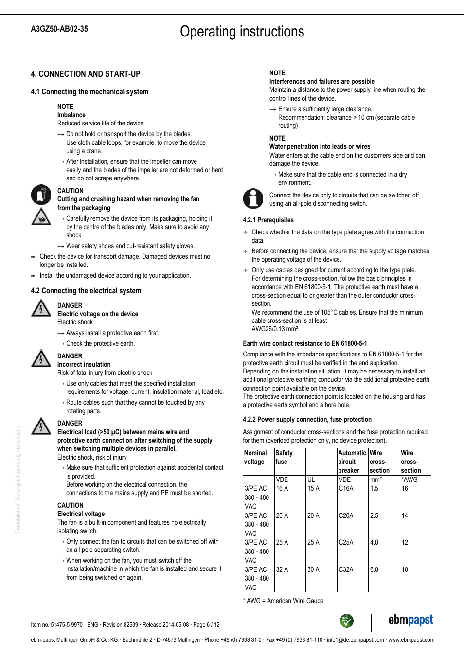 Operating instructions | ebm-papst A3GZ50-AB02-35 User Manual | Page 6 / 12