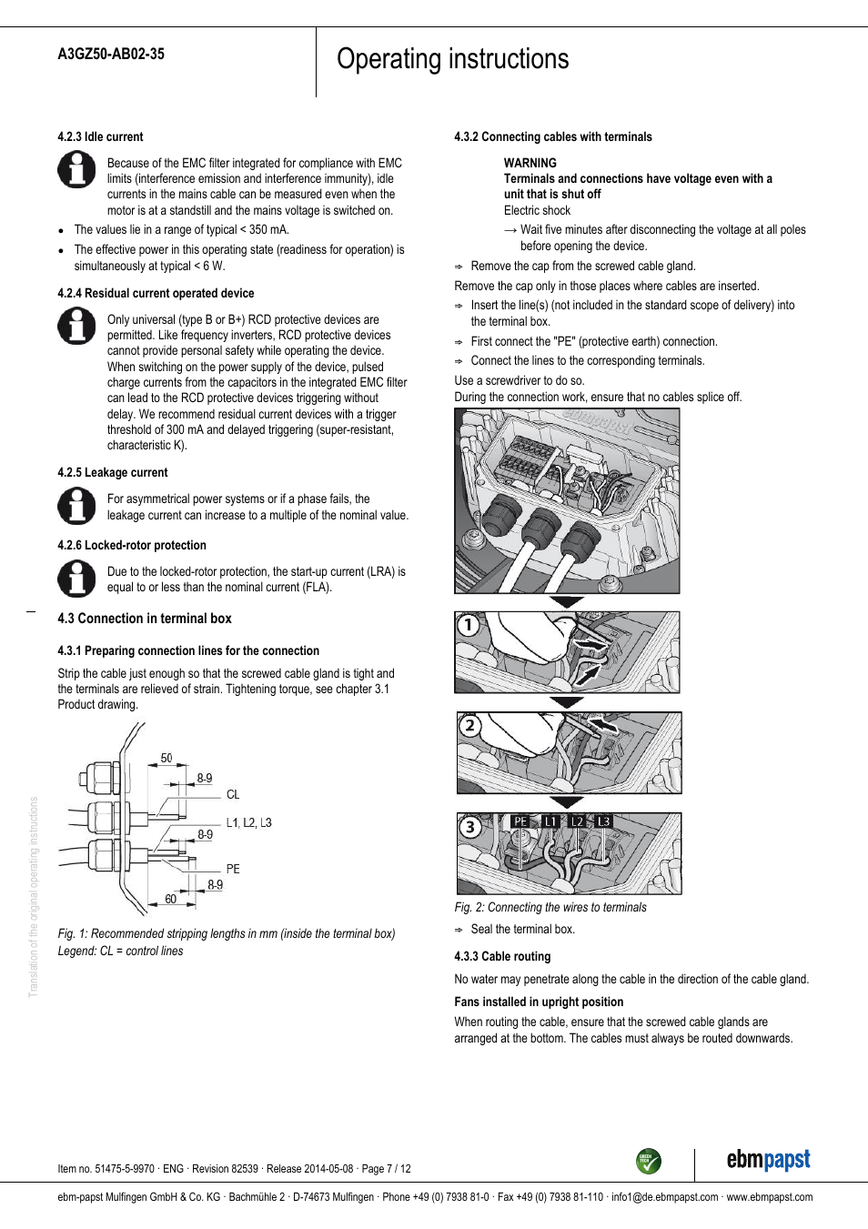 Operating instructions | ebm-papst A3GZ50-AB02-35 User Manual | Page 7 / 12