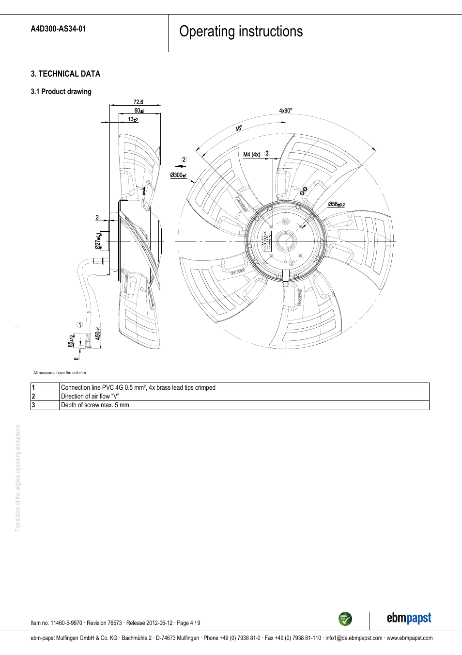 Operating instructions | ebm-papst A4D300-AS34-01 User Manual | Page 4 / 9