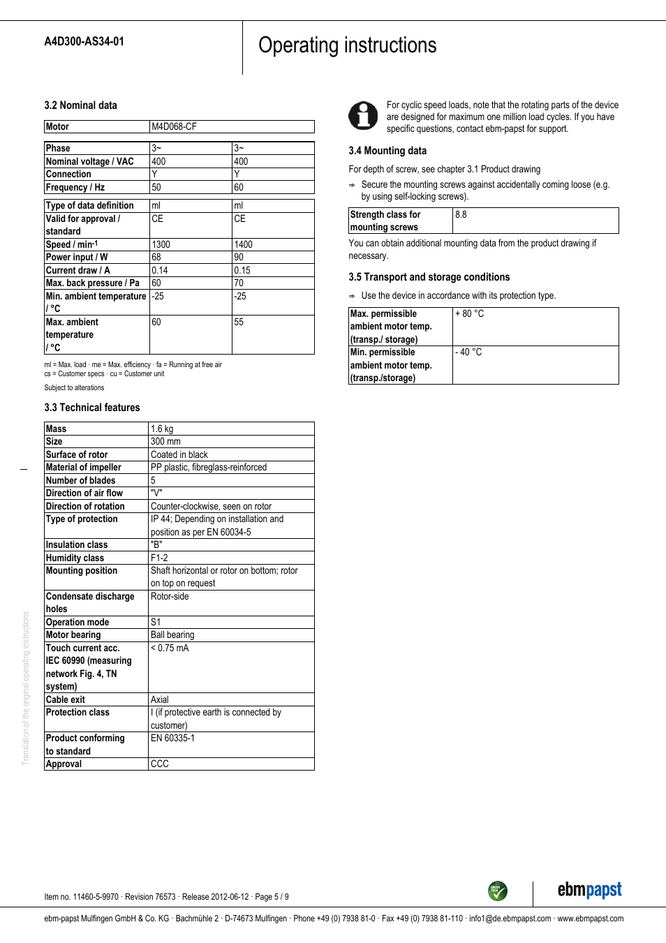 Operating instructions | ebm-papst A4D300-AS34-01 User Manual | Page 5 / 9