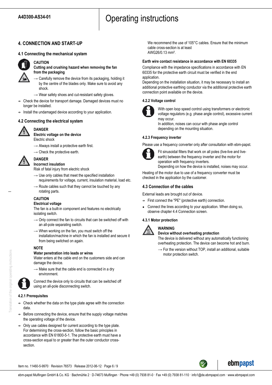 Operating instructions | ebm-papst A4D300-AS34-01 User Manual | Page 6 / 9