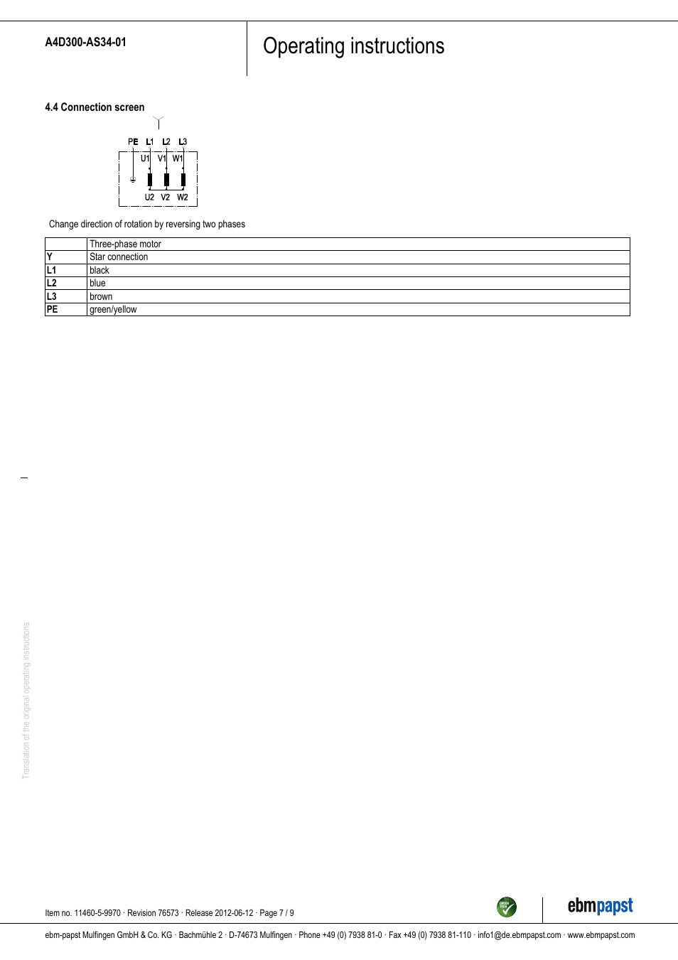 Operating instructions | ebm-papst A4D300-AS34-01 User Manual | Page 7 / 9