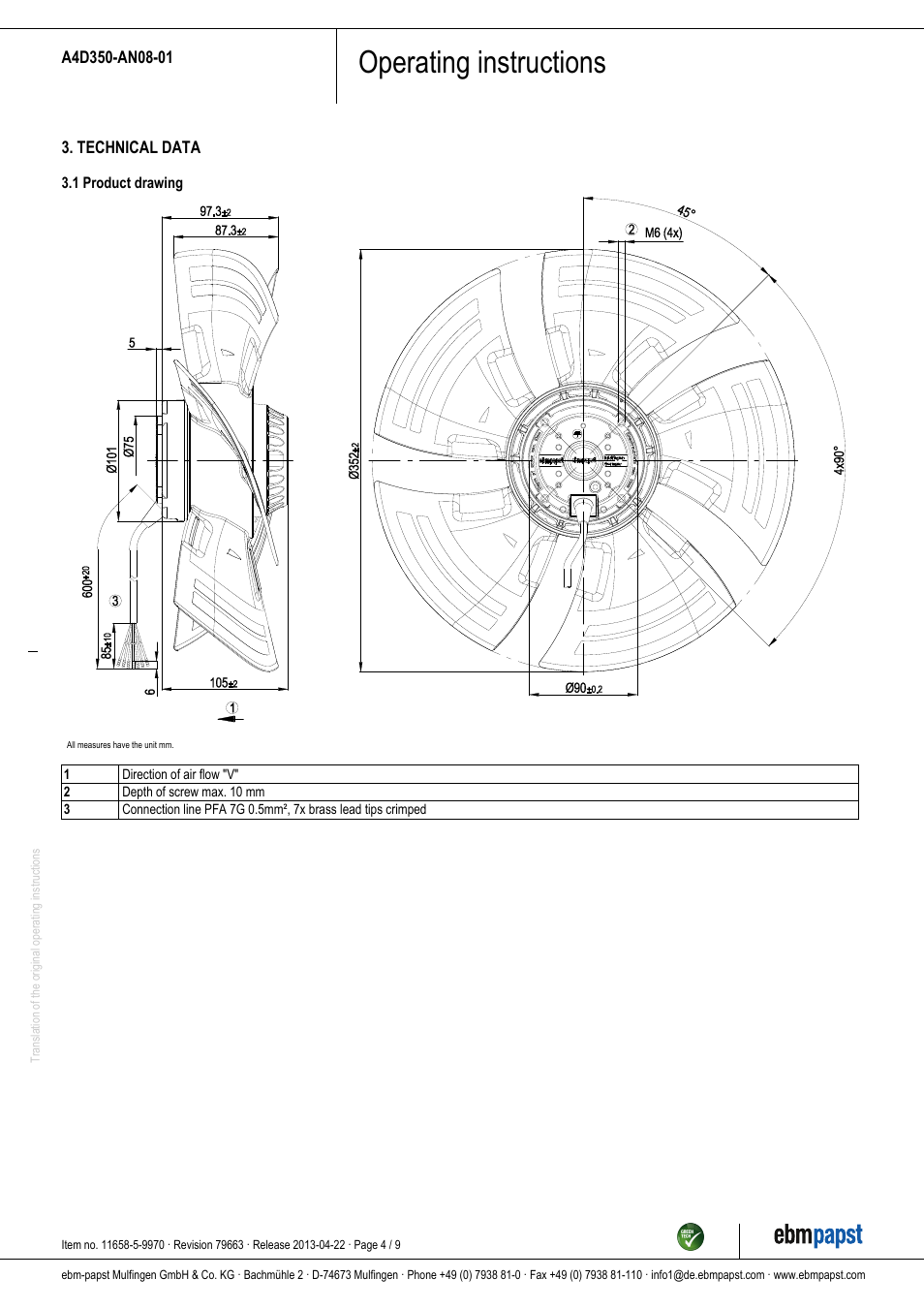 Operating instructions | ebm-papst A4D350-AN08-01 User Manual | Page 4 / 9