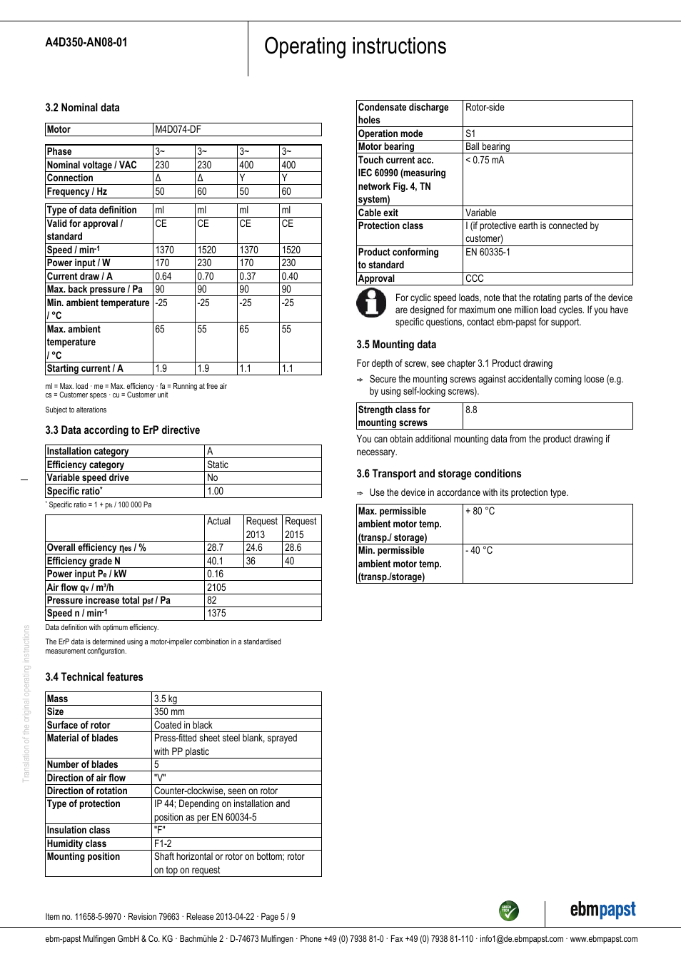 Operating instructions | ebm-papst A4D350-AN08-01 User Manual | Page 5 / 9