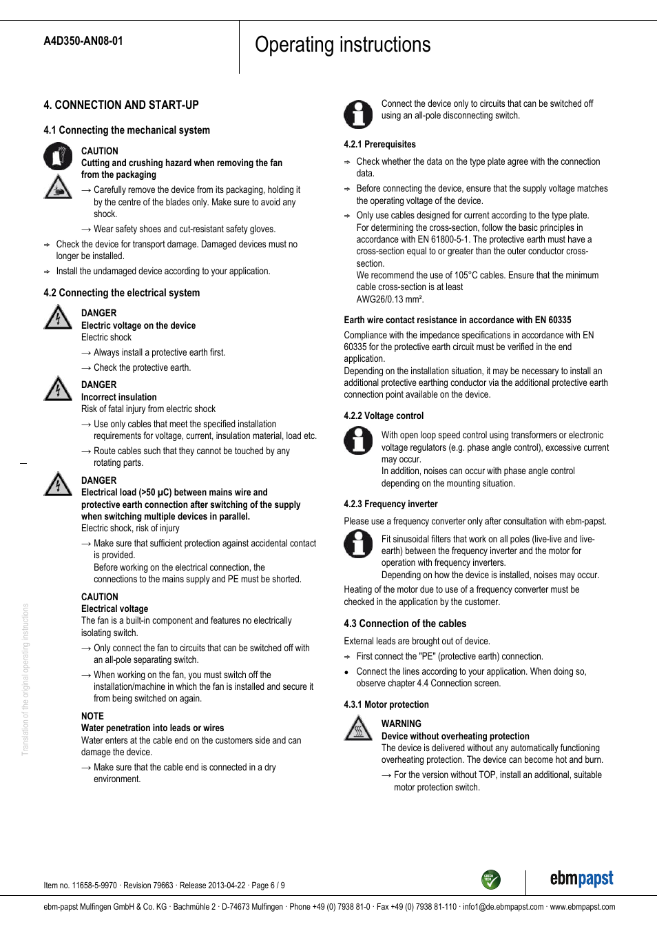 Operating instructions | ebm-papst A4D350-AN08-01 User Manual | Page 6 / 9