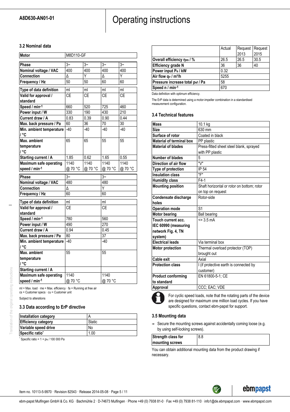 Operating instructions | ebm-papst A8D630-AN01-01 User Manual | Page 5 / 11