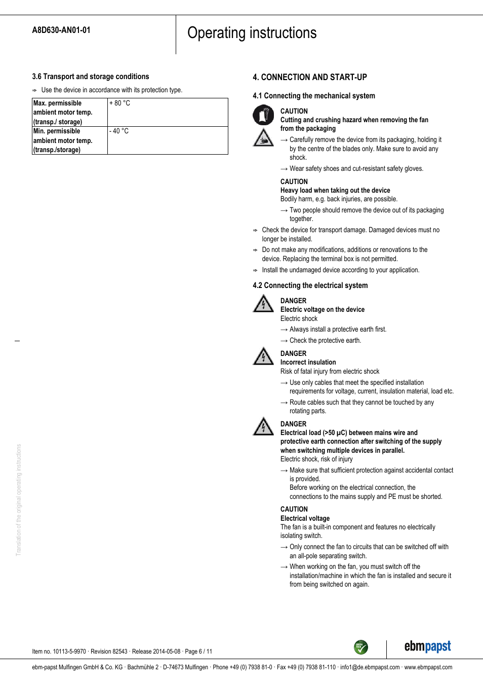 Operating instructions | ebm-papst A8D630-AN01-01 User Manual | Page 6 / 11
