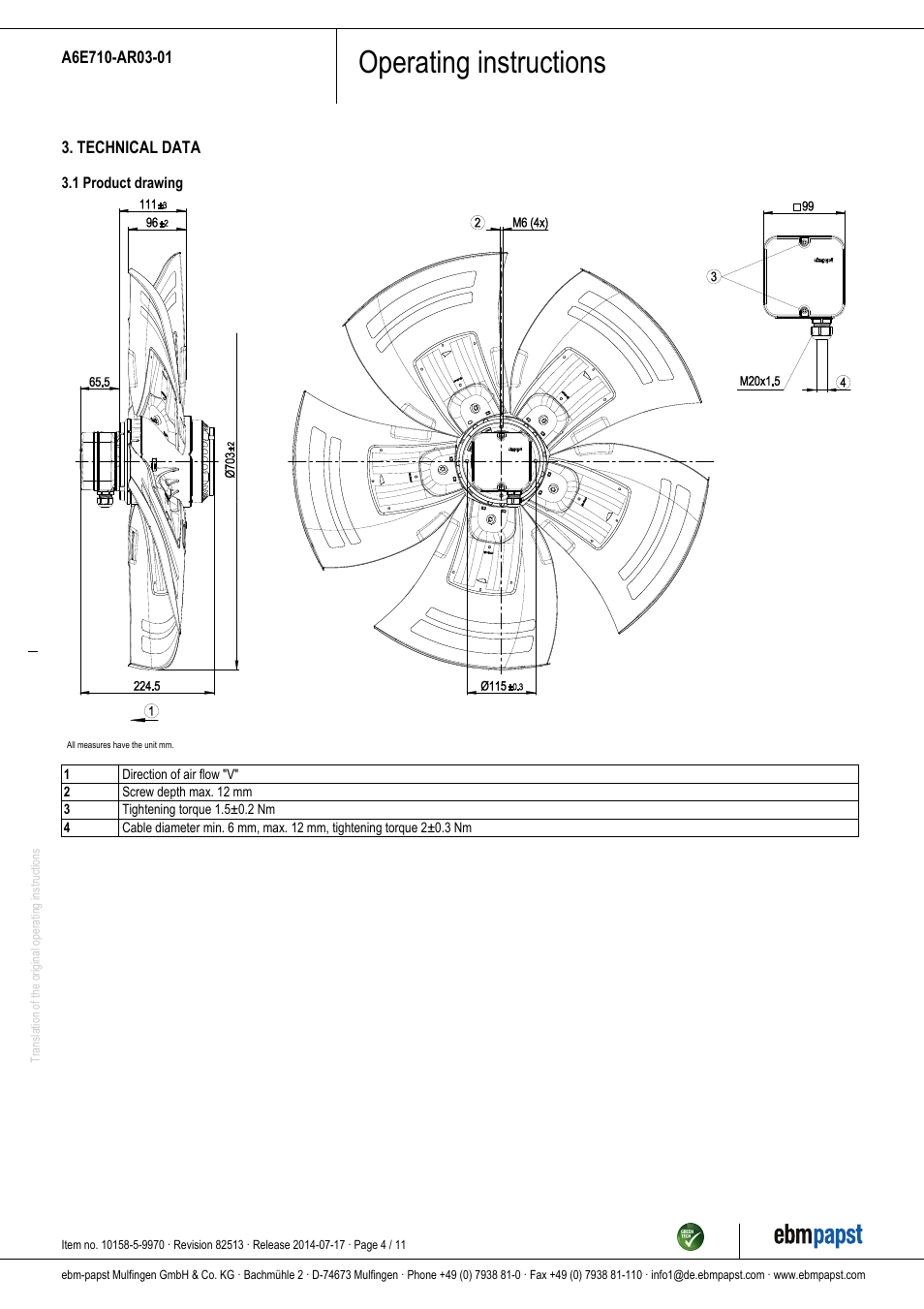 Operating instructions | ebm-papst A6E710-AR03-01 User Manual | Page 4 / 11
