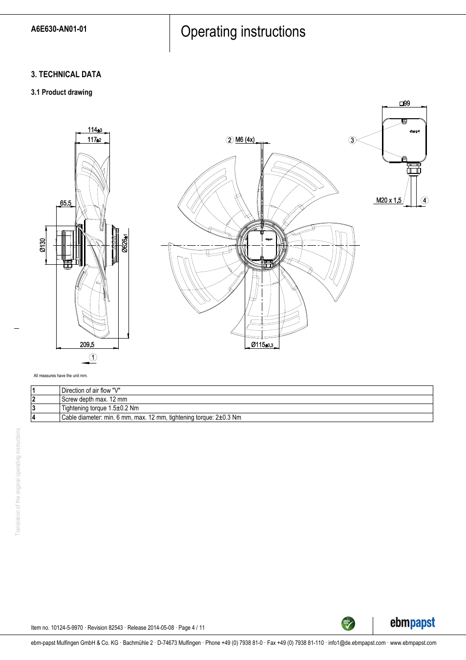 Operating instructions | ebm-papst A6E630-AN01-01 User Manual | Page 4 / 11