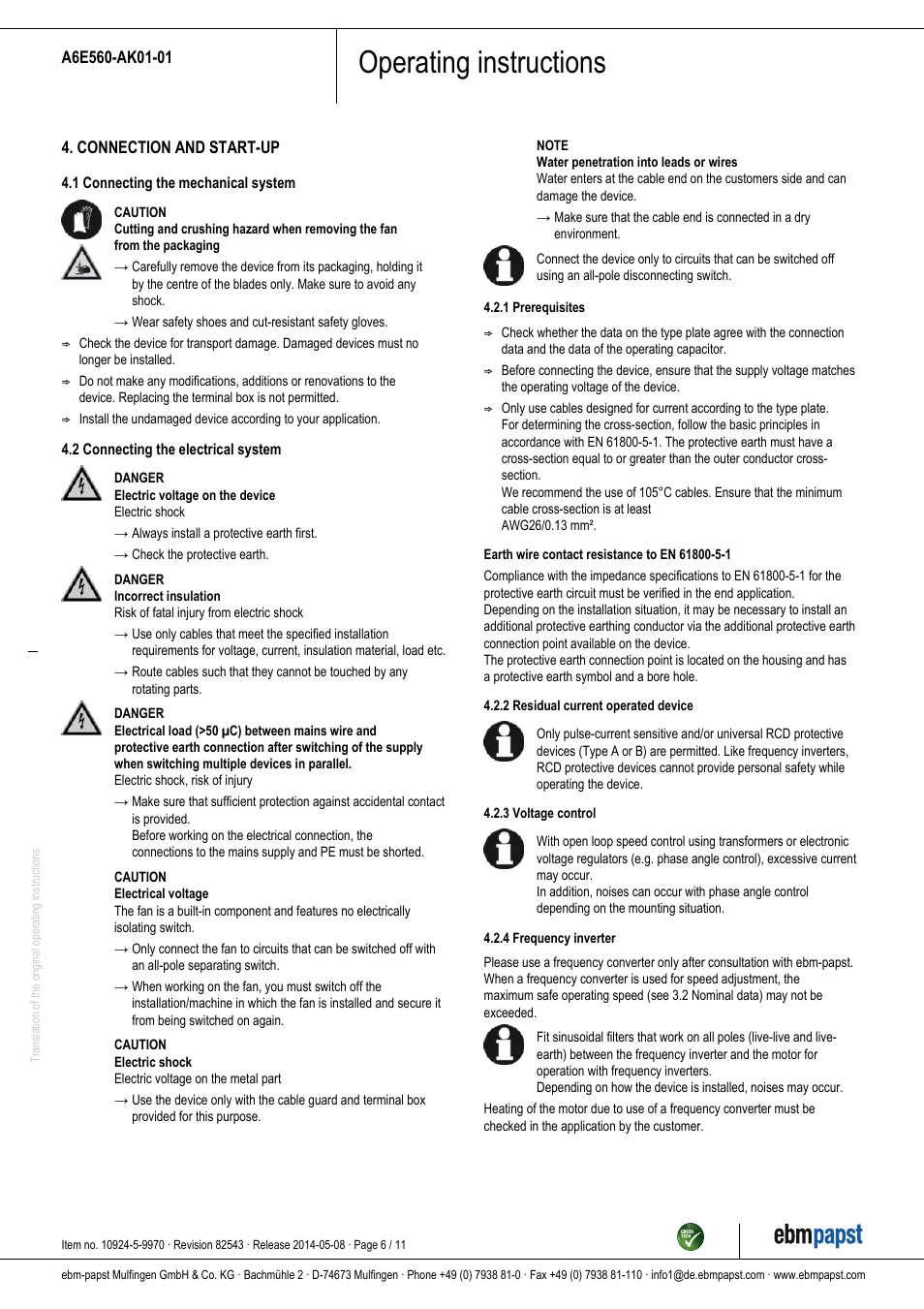 Operating instructions | ebm-papst A6E560-AK01-01 User Manual | Page 6 / 11