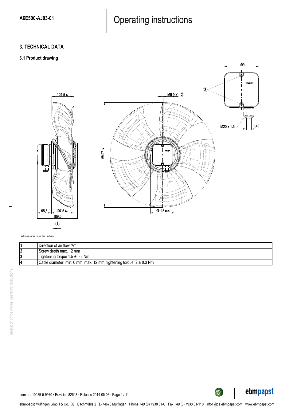 Operating instructions | ebm-papst A6E500-AJ03-01 User Manual | Page 4 / 11