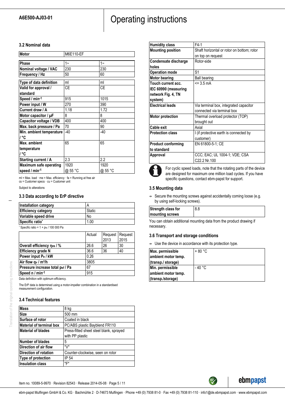 Operating instructions | ebm-papst A6E500-AJ03-01 User Manual | Page 5 / 11