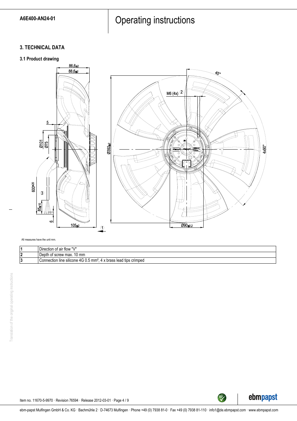 Operating instructions | ebm-papst A6E400-AN24-01 User Manual | Page 4 / 9