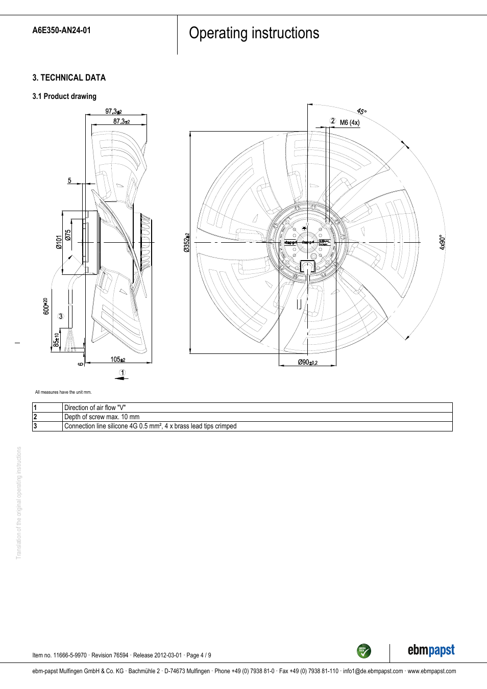 Operating instructions | ebm-papst A6E350-AN24-01 User Manual | Page 4 / 9