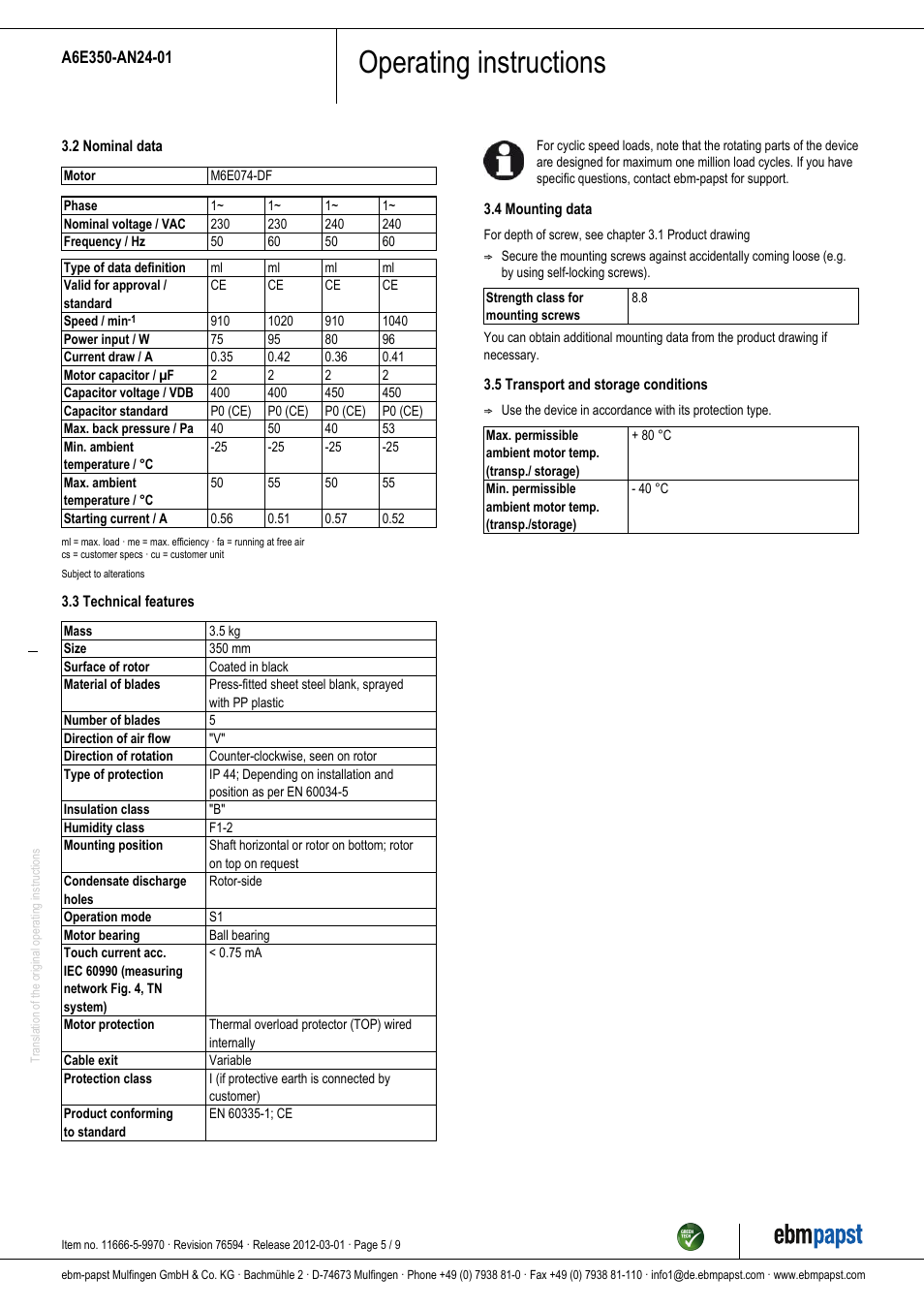 Operating instructions | ebm-papst A6E350-AN24-01 User Manual | Page 5 / 9