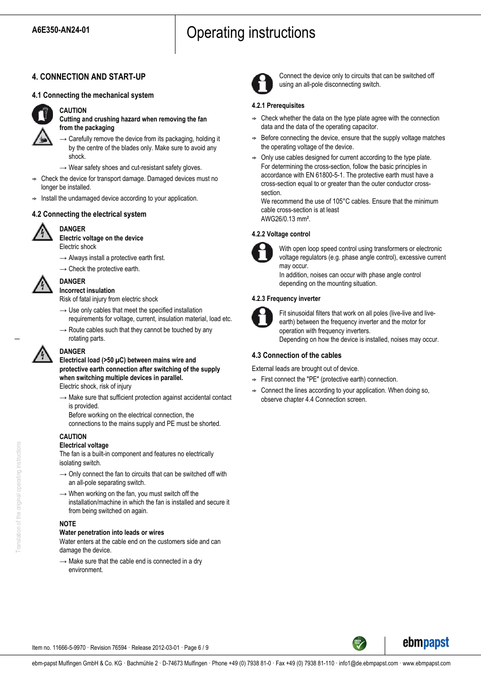 Operating instructions | ebm-papst A6E350-AN24-01 User Manual | Page 6 / 9