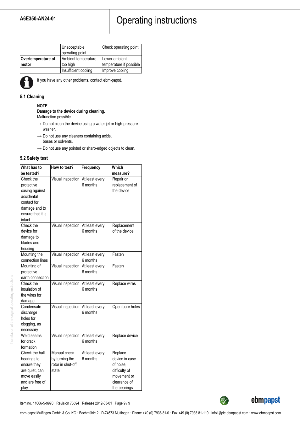 Operating instructions | ebm-papst A6E350-AN24-01 User Manual | Page 9 / 9