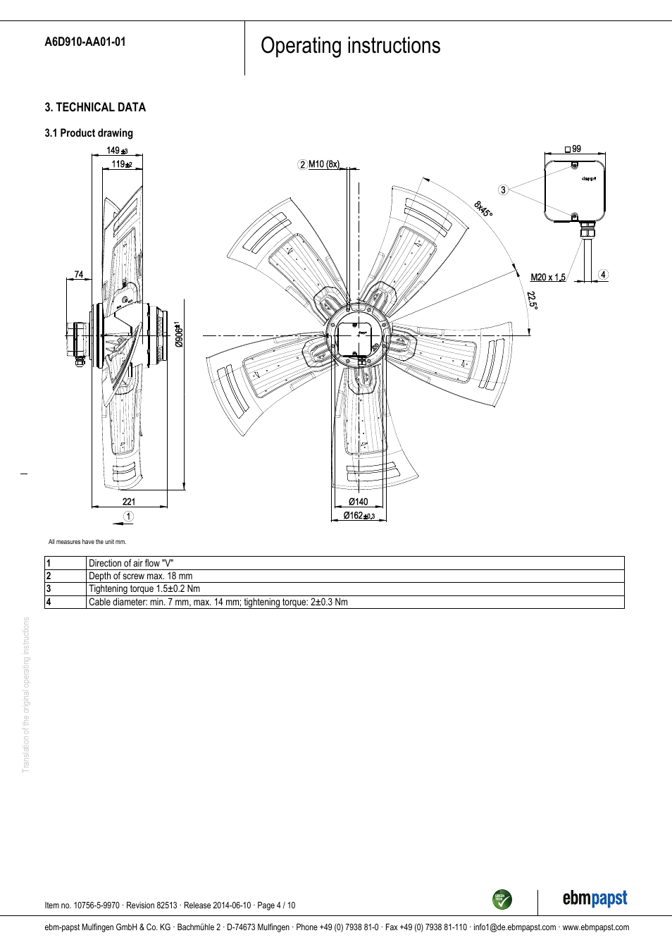 Operating instructions | ebm-papst A6D910-AA01-01 User Manual | Page 4 / 10