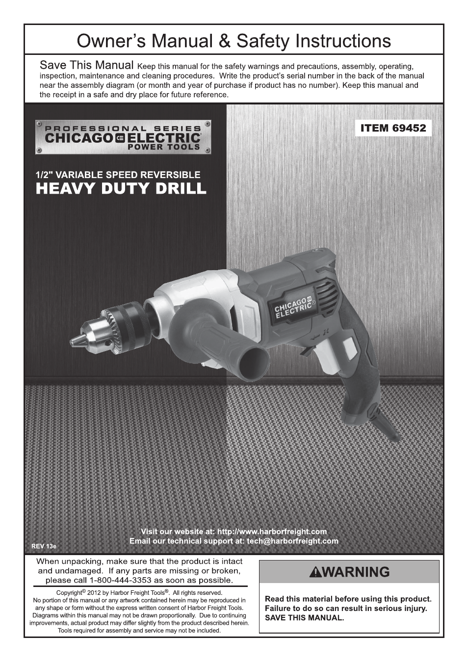 Chicago Electric 1/2" vaRiaBle SPeeD ReveRSiBle HEAVY DUTY DRILL 69452 User Manual | 16 pages