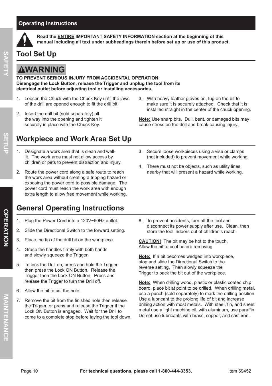 Tool set up, Workpiece and work area set up, General operating instructions | Safety opera tion maintenance setup | Chicago Electric 1/2" vaRiaBle SPeeD ReveRSiBle HEAVY DUTY DRILL 69452 User Manual | Page 10 / 16