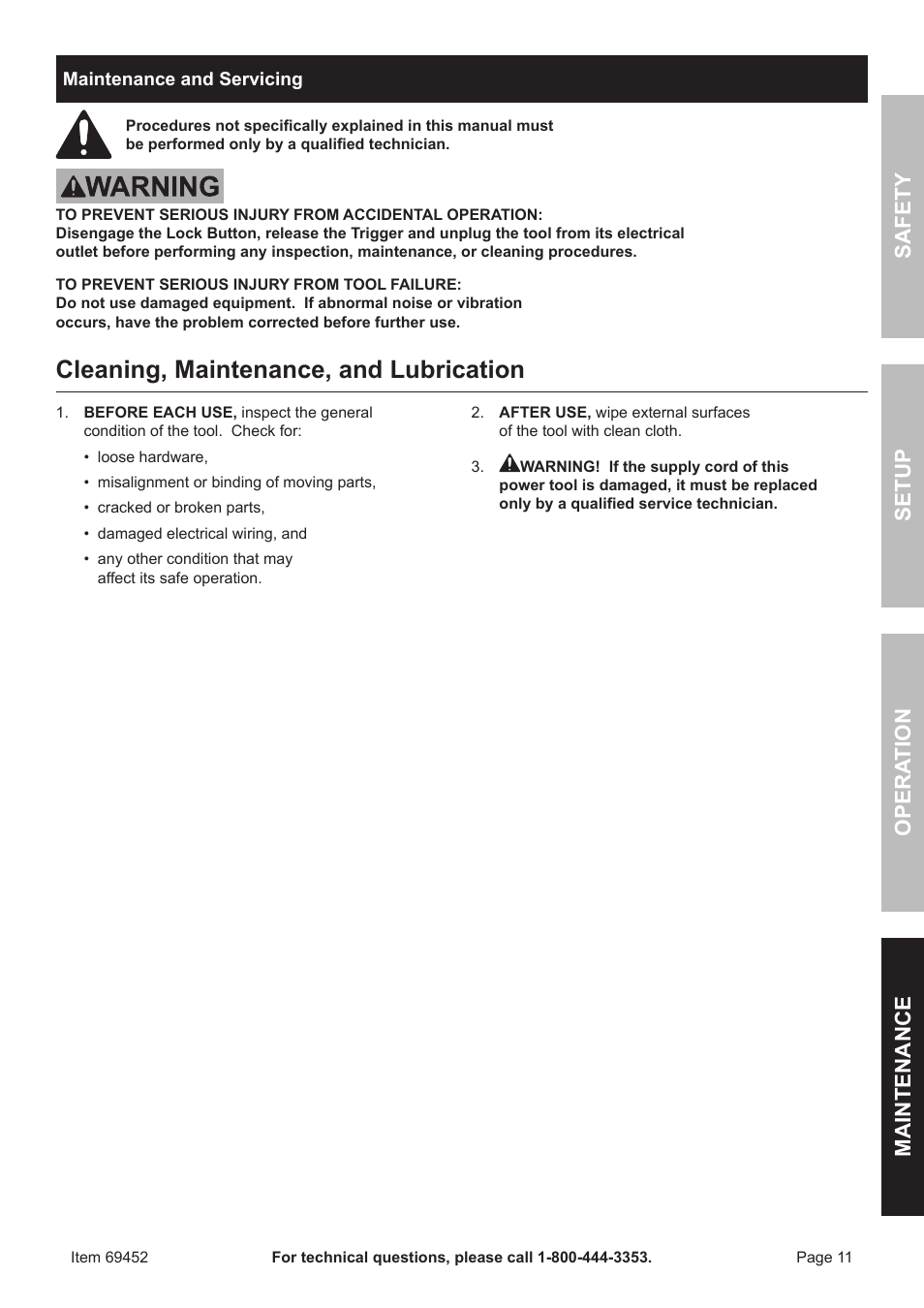 Cleaning, maintenance, and lubrication, Safety opera tion maintenance setup | Chicago Electric 1/2" vaRiaBle SPeeD ReveRSiBle HEAVY DUTY DRILL 69452 User Manual | Page 11 / 16