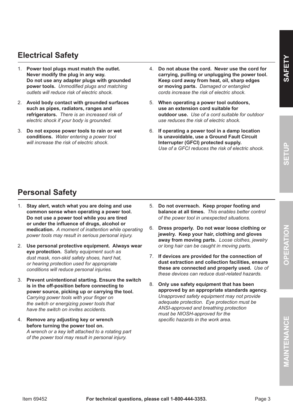 Electrical safety, Personal safety, Safety opera tion maintenance setup | Chicago Electric 1/2" vaRiaBle SPeeD ReveRSiBle HEAVY DUTY DRILL 69452 User Manual | Page 3 / 16