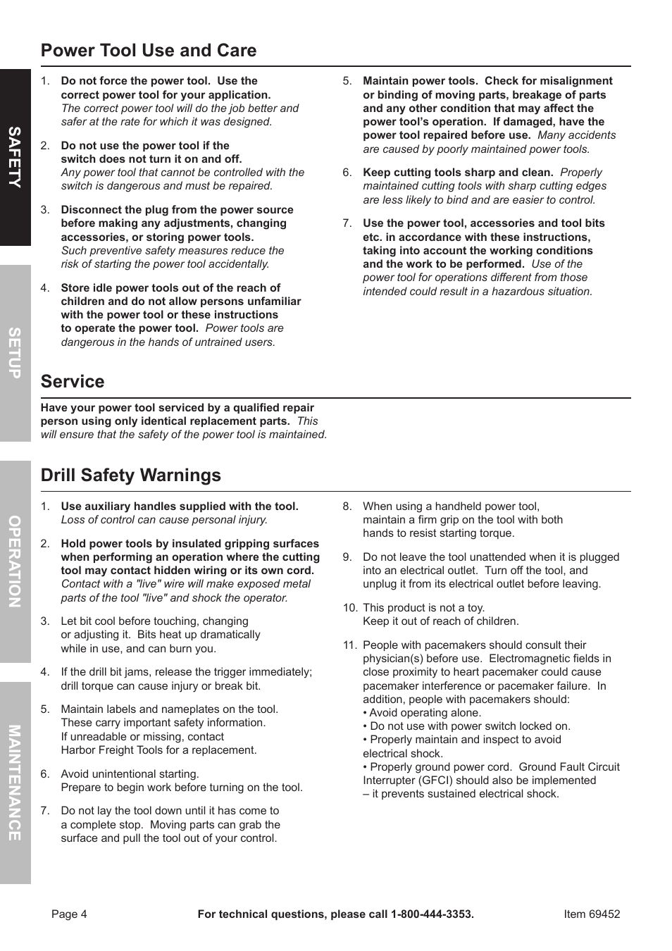 Power tool use and care, Service, Drill safety warnings | Safety opera tion maintenance setup | Chicago Electric 1/2" vaRiaBle SPeeD ReveRSiBle HEAVY DUTY DRILL 69452 User Manual | Page 4 / 16