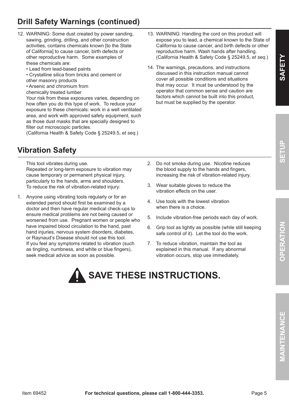 Save these instructions, Vibration safety, Drill safety warnings (continued) | Safety opera tion maintenance setup | Chicago Electric 1/2" vaRiaBle SPeeD ReveRSiBle HEAVY DUTY DRILL 69452 User Manual | Page 5 / 16