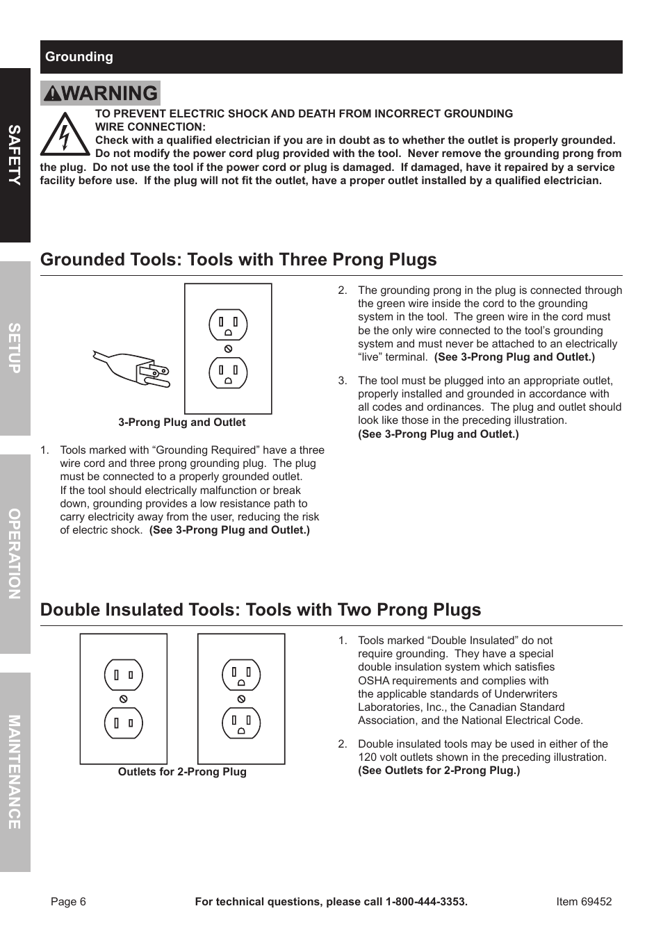 Grounded tools: tools with three prong plugs, Double insulated tools: tools with two prong plugs, Safety opera tion maintenance setup | Chicago Electric 1/2" vaRiaBle SPeeD ReveRSiBle HEAVY DUTY DRILL 69452 User Manual | Page 6 / 16